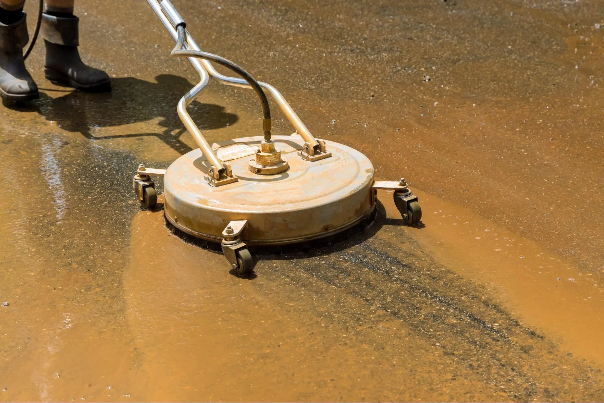 A pressure washer surface cleaner performs maintenance on a road.