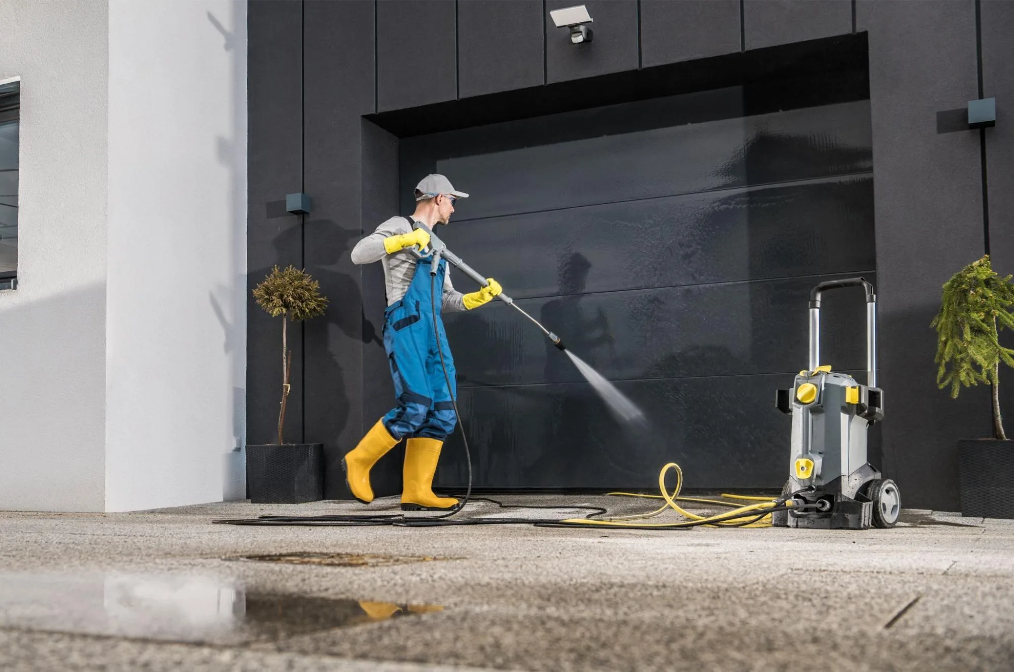 Professional cleaner pressure washing a stone patio in a landscaped backyard