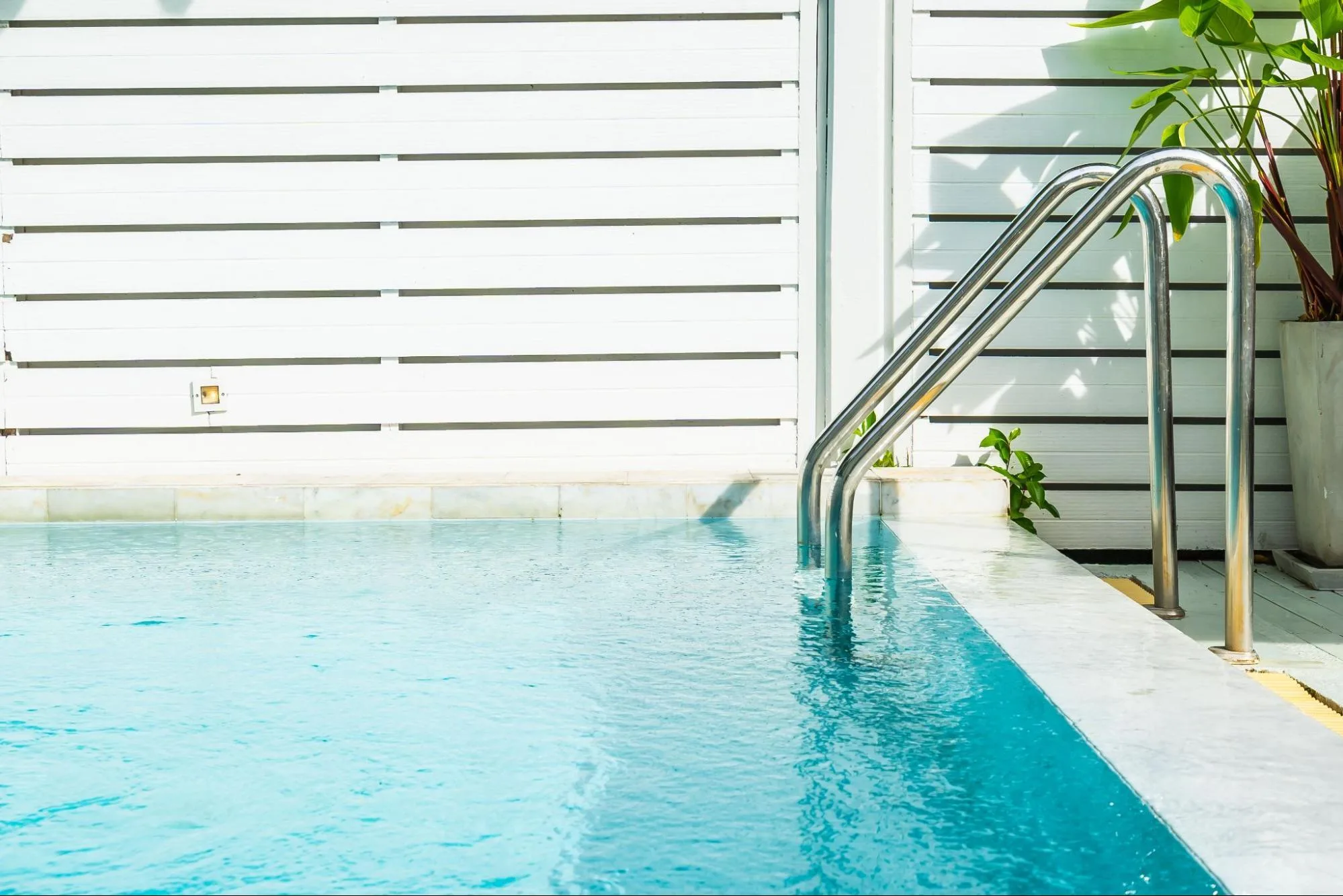 Outdoor pool next to plants.