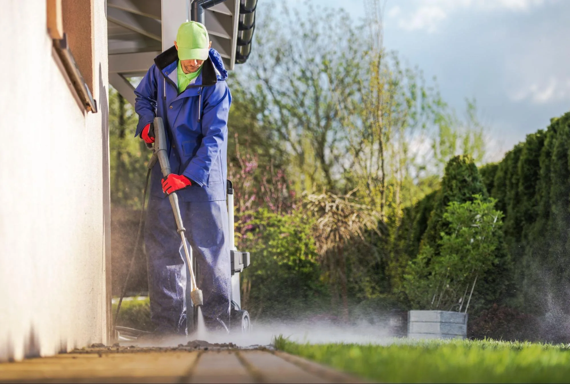 Cropped shot of a cleaner using a powerful pressure washing equipment to clean a residential brick driveway and pathway