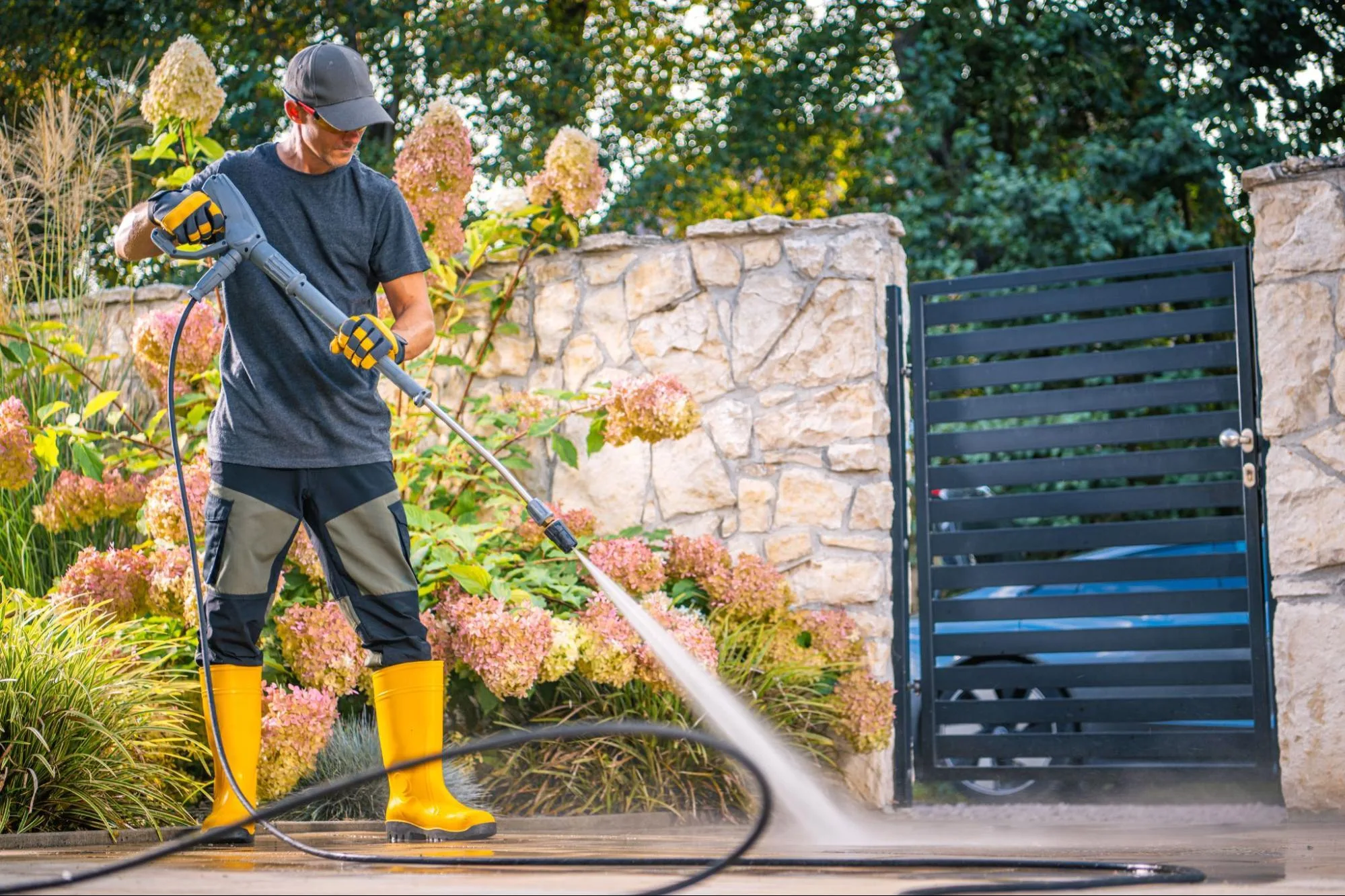 A technician cleaning a brick driveway and pathway using professional pressure washing equipment