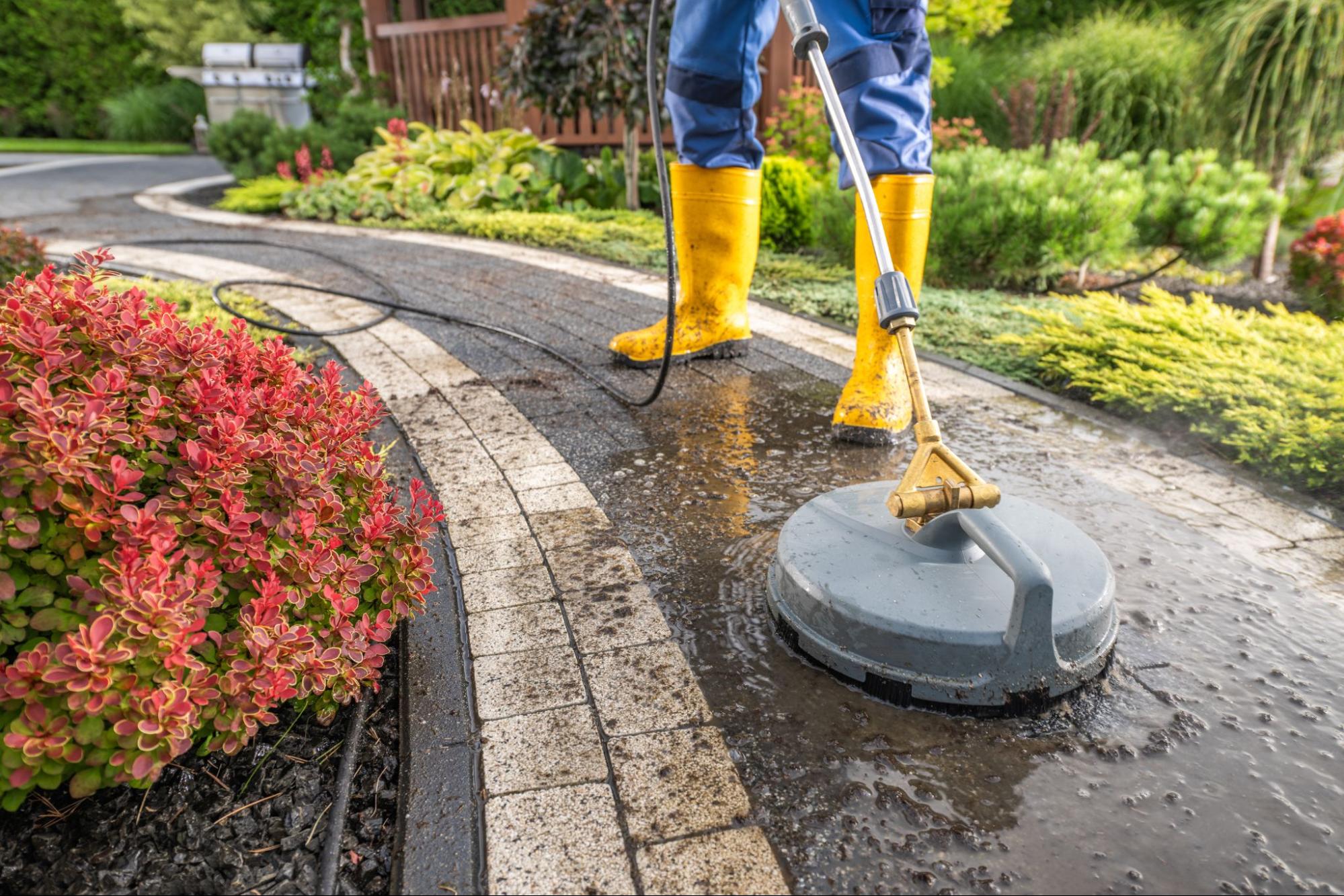 A pressure washer surface cleaner working on a path through a home garden.