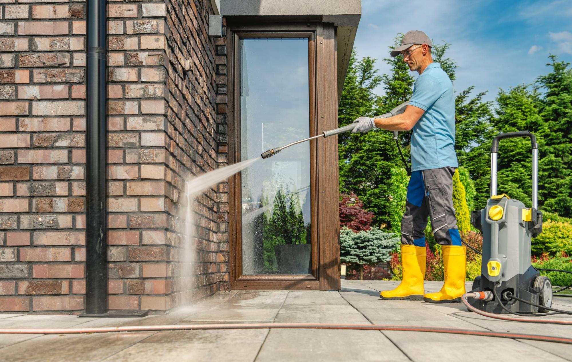 A man in yellow rain boots pressure washing brick facing on a home.