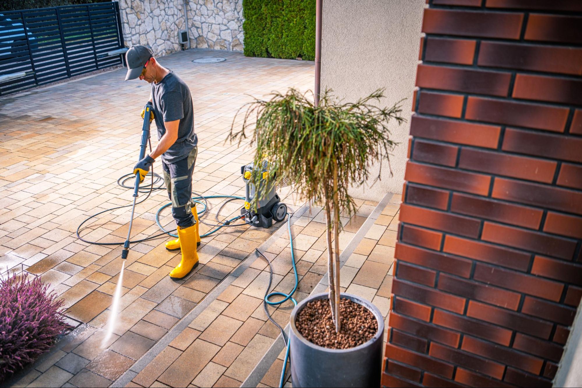 A man cleaning a patio with a pressure washer at a residential home