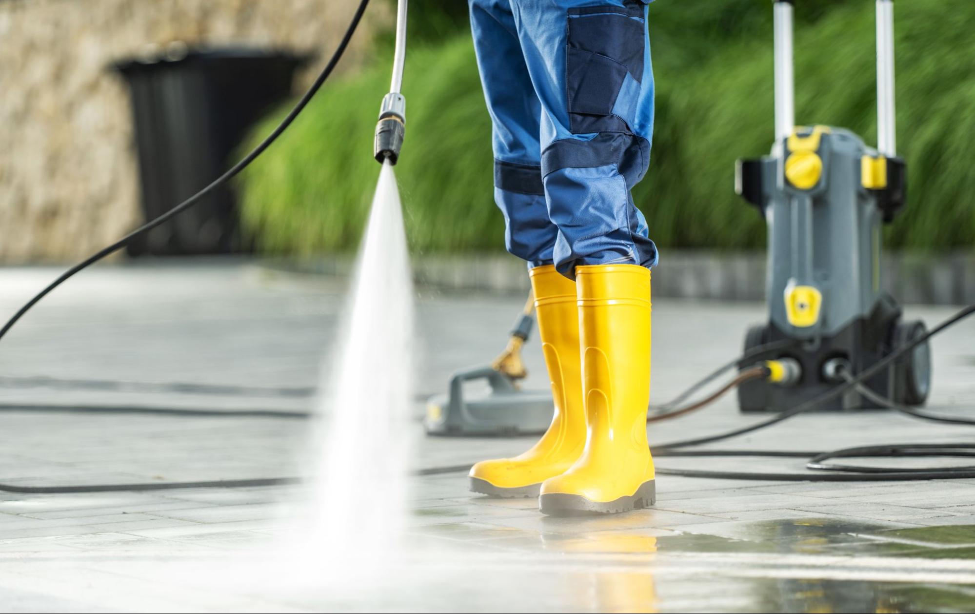 Cropped shot of a cleaner using a powerful pressure washing equipment to clean a residential brick driveway and pathway