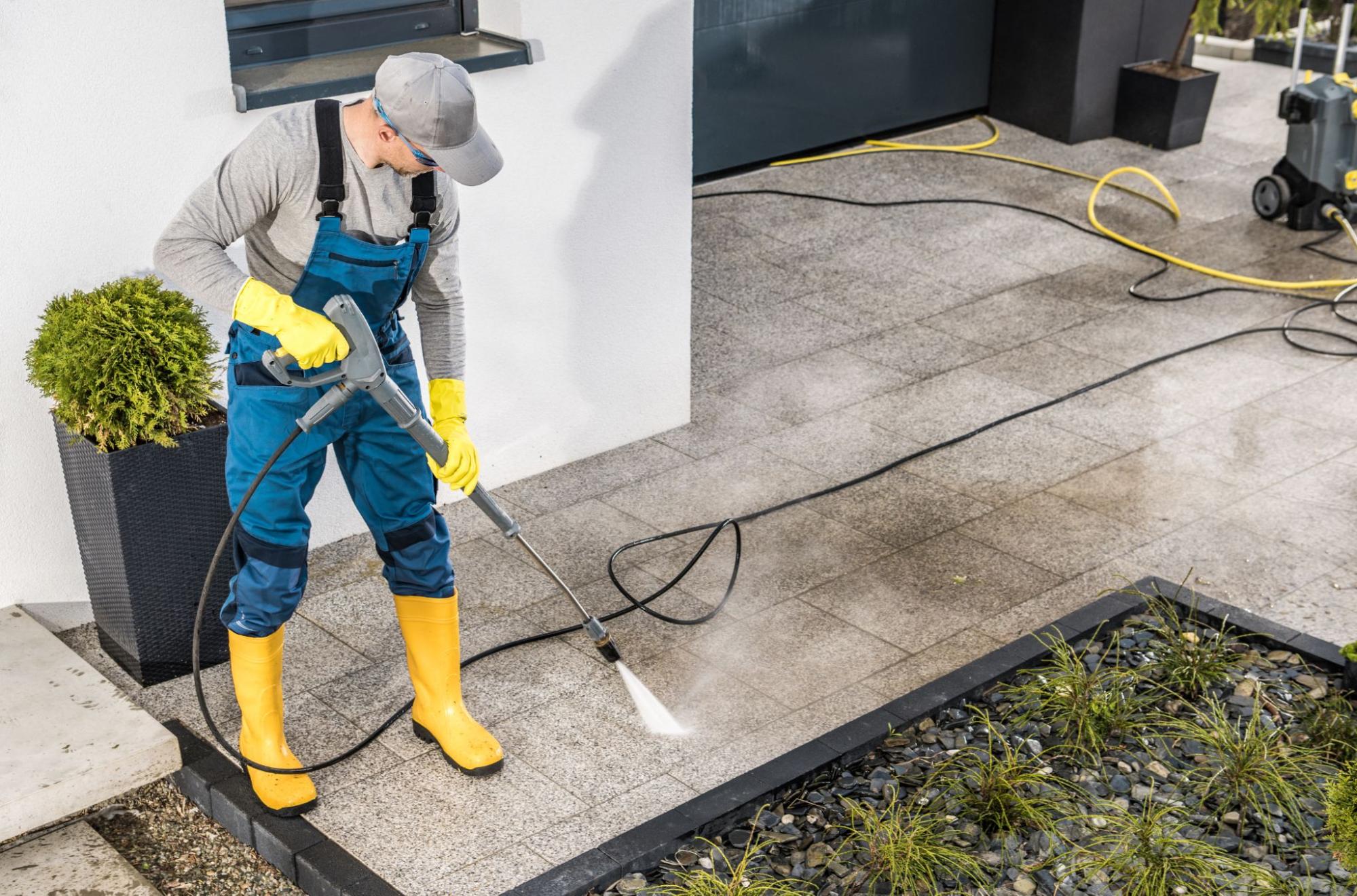 A professional cleaner cleans the home’s exterior and surroundings through pressure washing